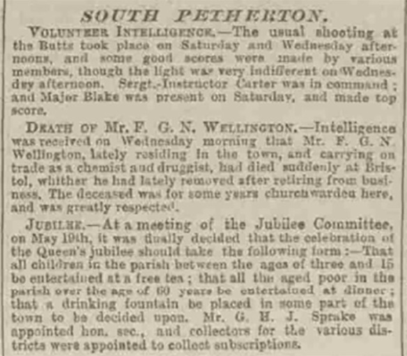 Notice of the sudden death of Frederick GN Wellington in Bristol. [Western Gazette, 27 May 1887]