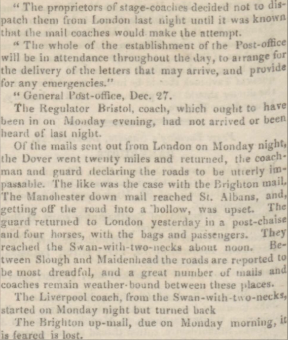 extract from a report on the snow storms from Sherborne Mercury, 02 January 1837.